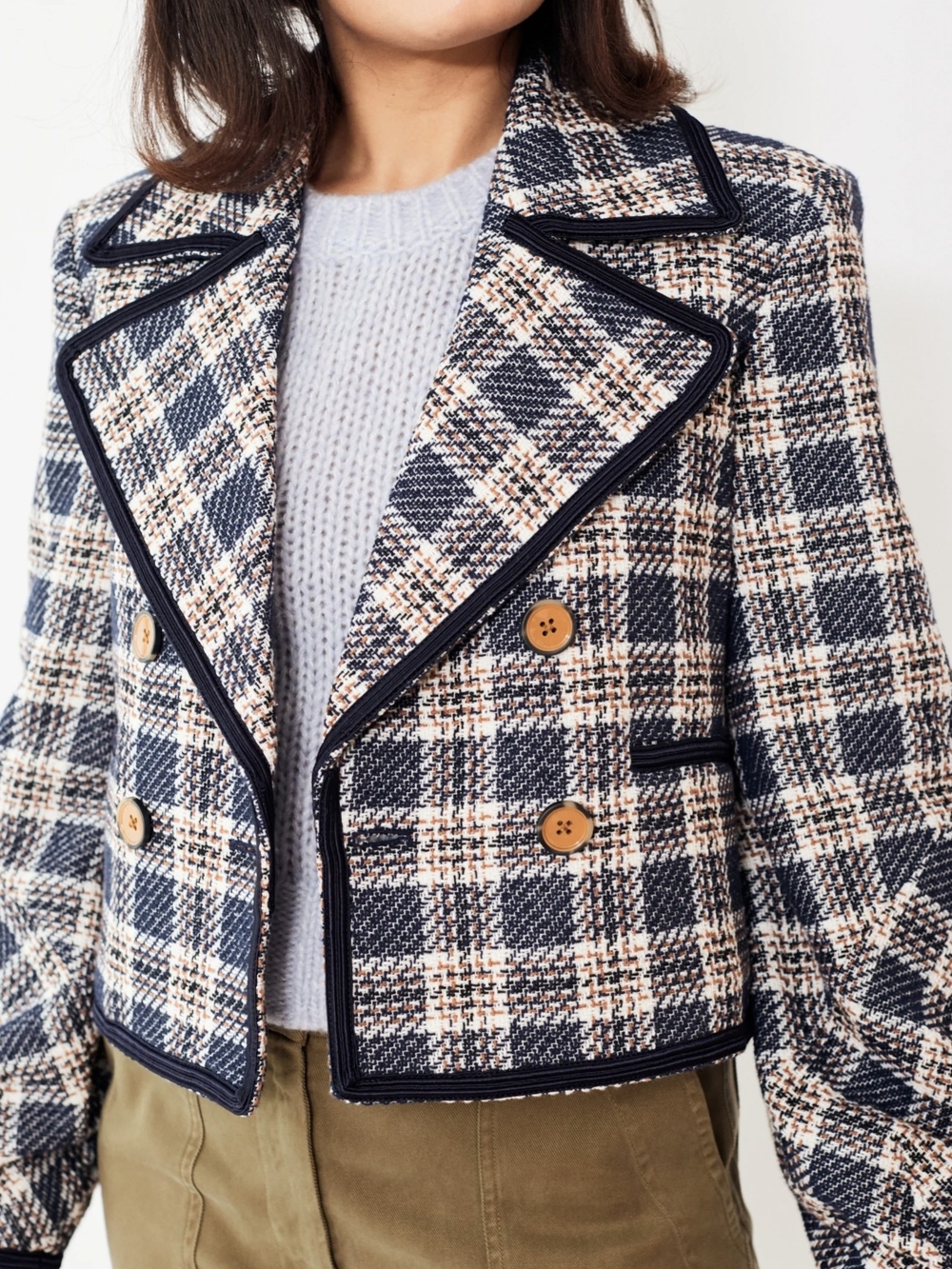 VERONICA BEARD NWT Aise Plaid Cropped Tweed Blazer Jacket Navy Cream Size 4 $295